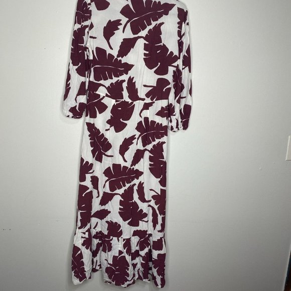 Zara Maxi Dress Size S Maroon White Floral Button Front 3/4 Sleeve Ruffle Hem - Picture 4 of 6